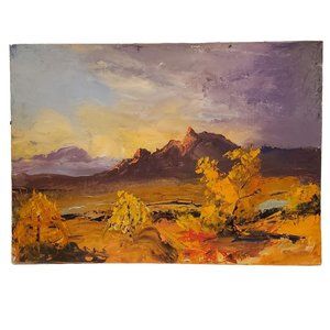 Vintage Hand Painted Impressionist Landscape Sunset Twilight Mountains